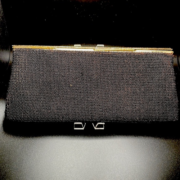 MEERA MAHADEVIA~BLK MESH METAL AND BRONZE CLUTCH~DECORATIVE STONES~SILK LINING - Picture 2 of 2